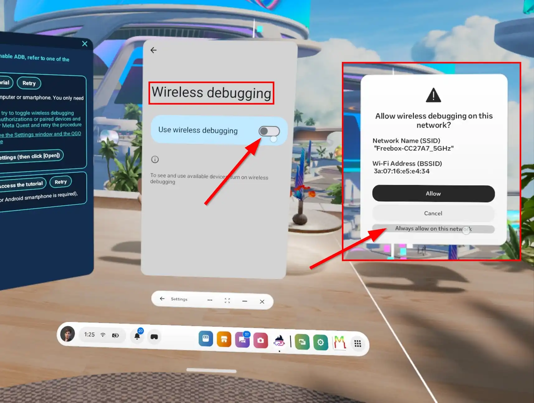 ADB Wireless Popup visible in a Meta Quest 3 headset