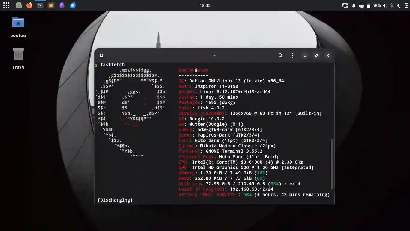 Screenshot of the desktop with a terminal and fastfetch displayed