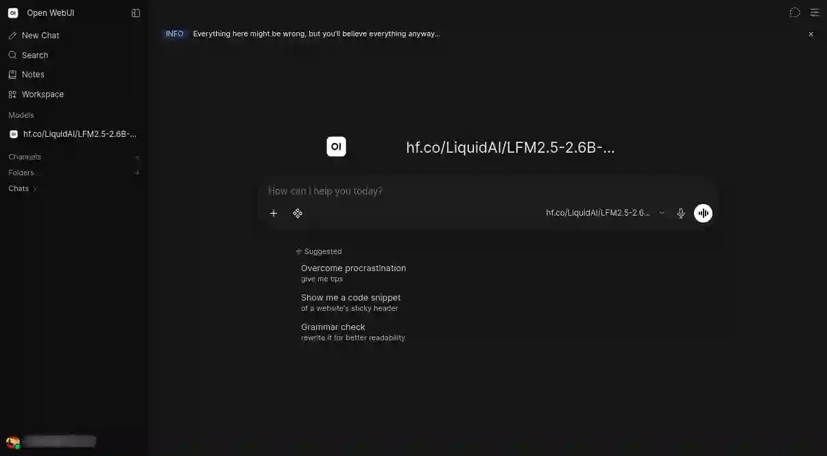 Open WebUI v0.11.0 empty chat interface with LFM2.5-2.6B ready.